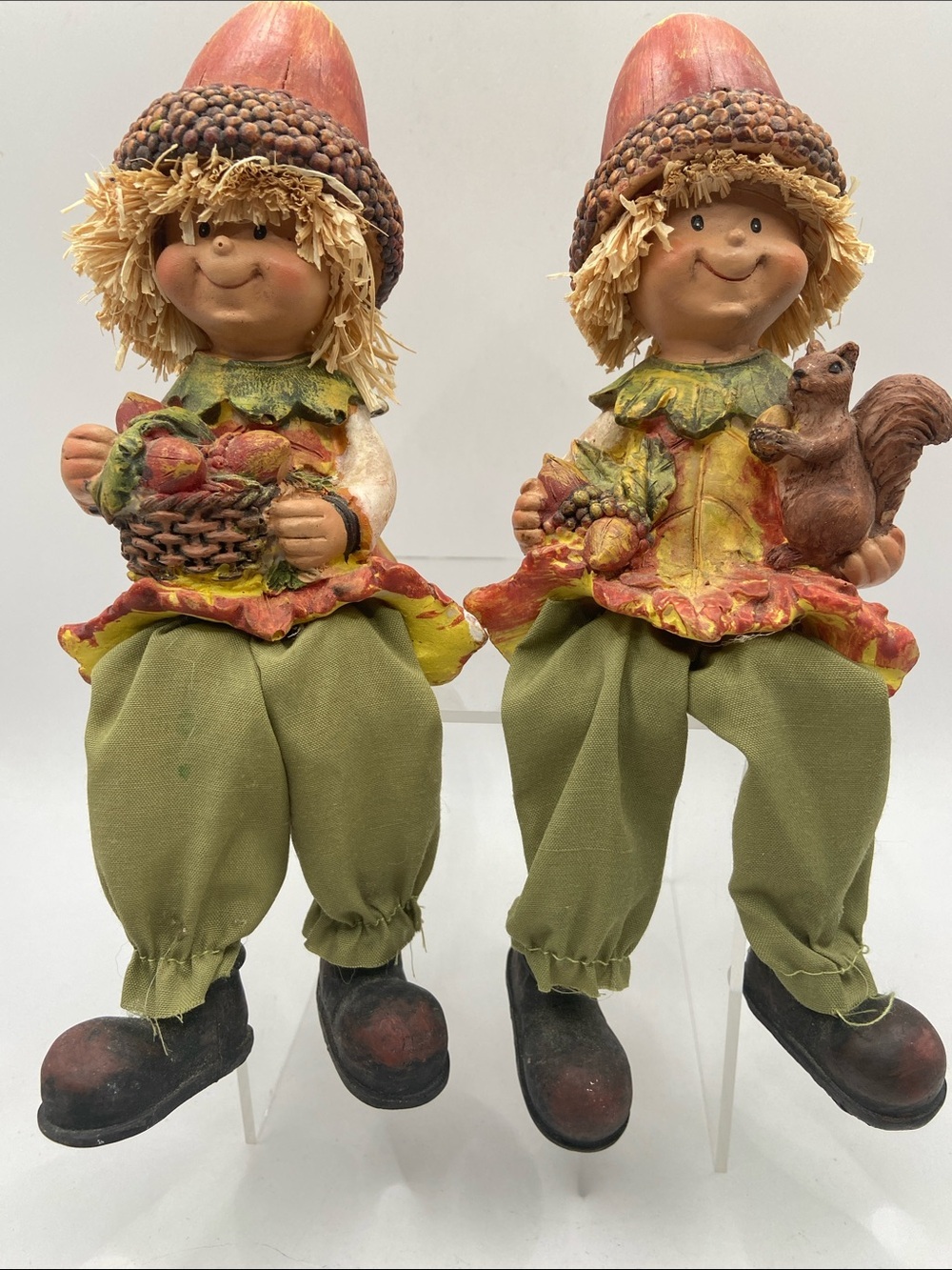 Vintage Acorn Boys Shelf Sitters Resin Figurines Fall Thanksgiving Set of 2